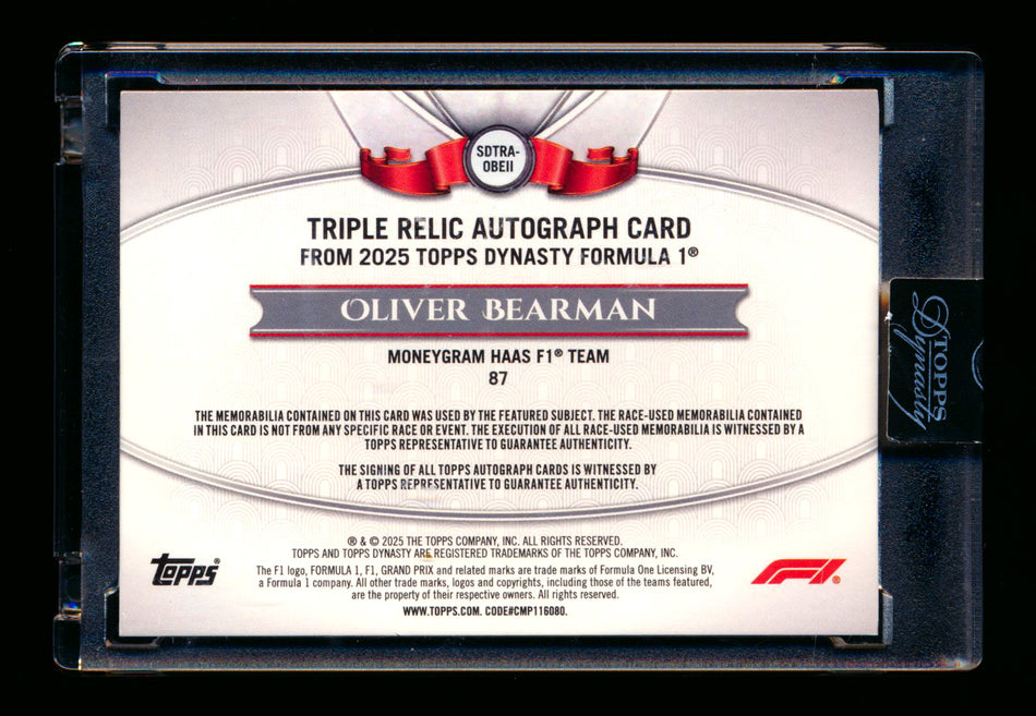 2025 Topps Dynasty F1 #SDTRA-OBEII Oliver Bearman RC ROOKIE Triple Patch Autograph #09/10  ** (SOLD eBay - $1,049.00 - 2/21/2026) **