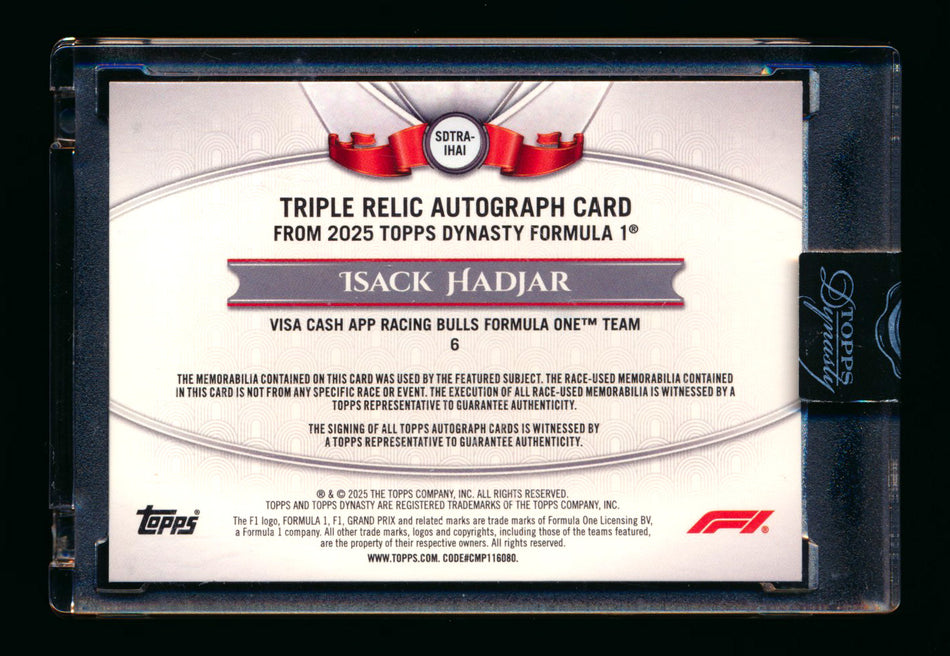 2025 Topps Dynasty F1 #SDTRA-IHAI Isack Hadjar RC ROOKIE Triple Patch Autograph #05/10 ** (SOLD - $1,395.00 - 12/22/2025) **