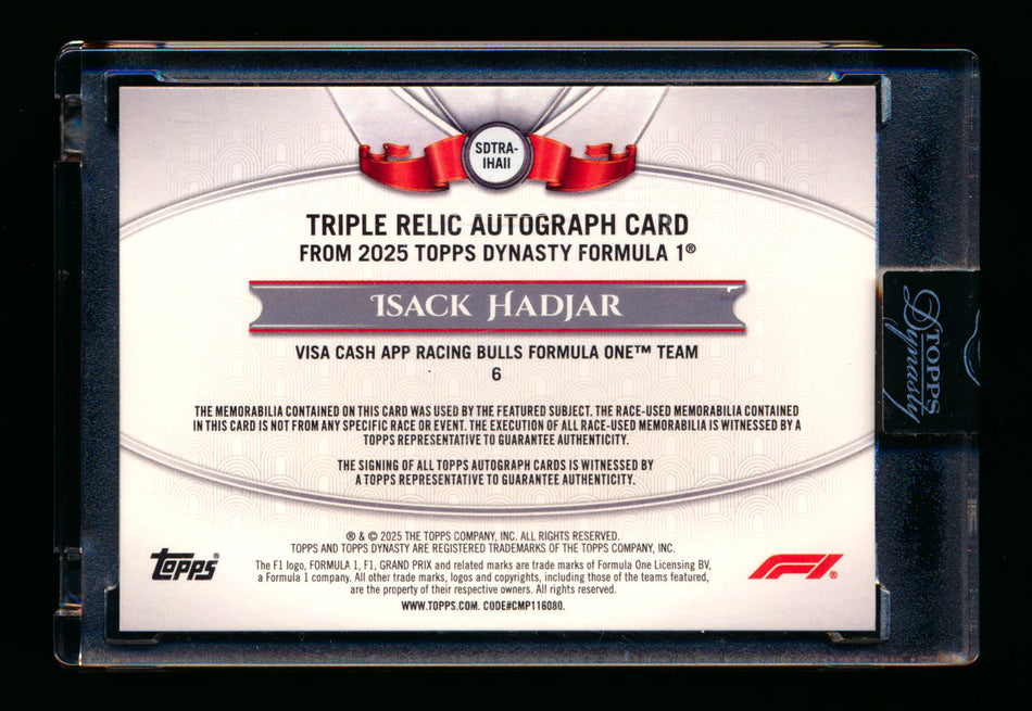 2025 Topps Dynasty F1 #SDTRA-IHAII Isack Hadjar RC ROOKIE Triple Patch Autograph #02/10
