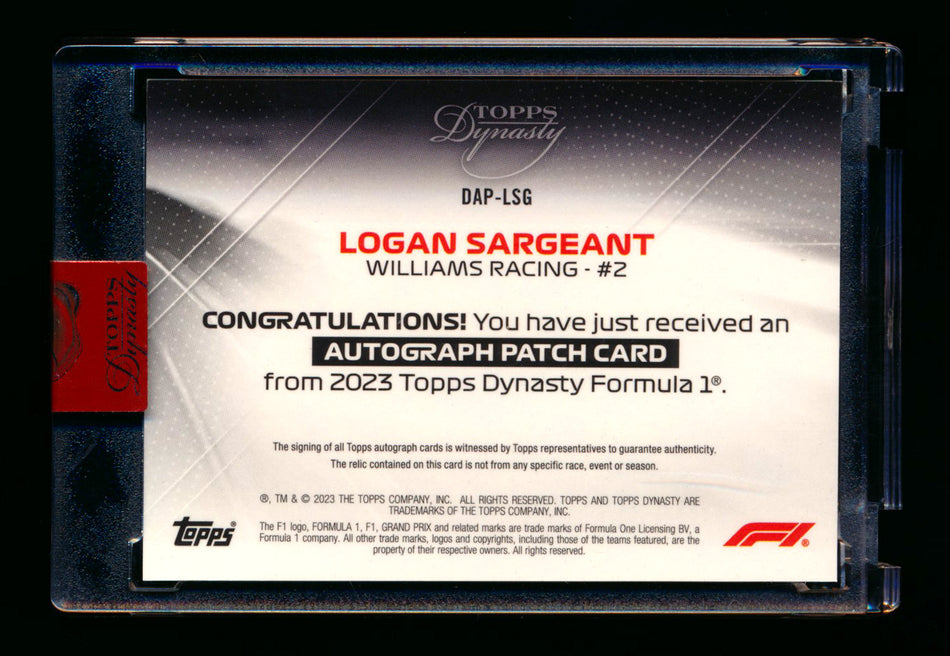 2023 Topps Dynasty F1 #DAP-LSG Logan Sargeant RC ROOKIE Patch Autograph #05/10