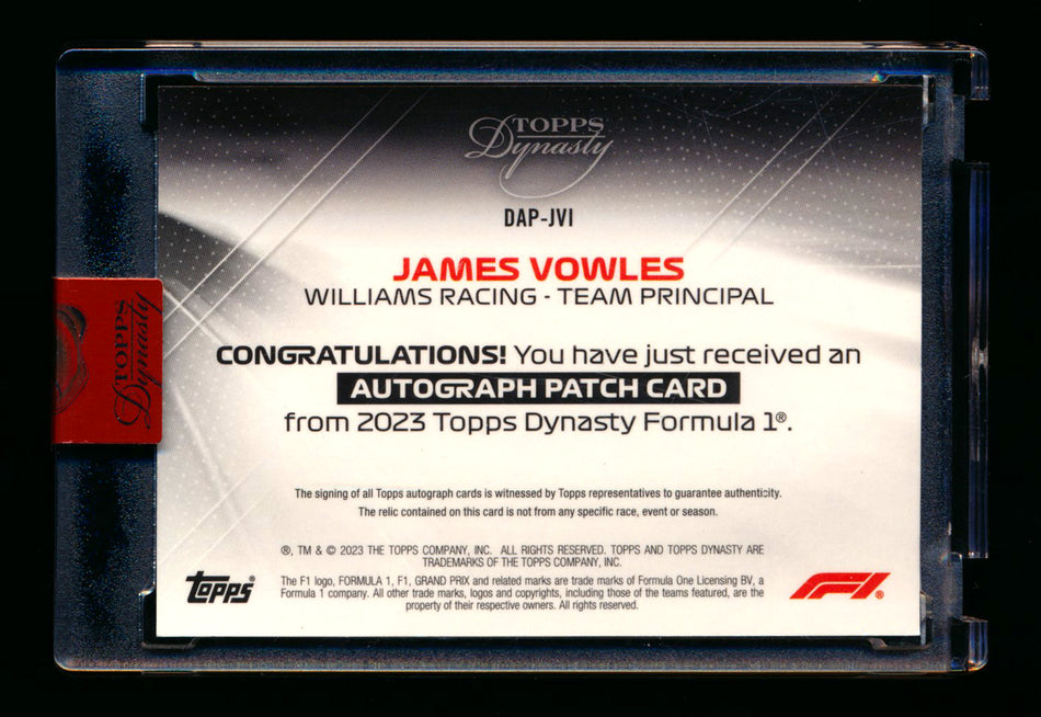 2023 Topps Dynasty F1 #DAP-JVI James Vowles 1ST Year Gold Patch Autograph #1/1 ** (SOLD eBay - $1,295.00 - 4/1/2026) **