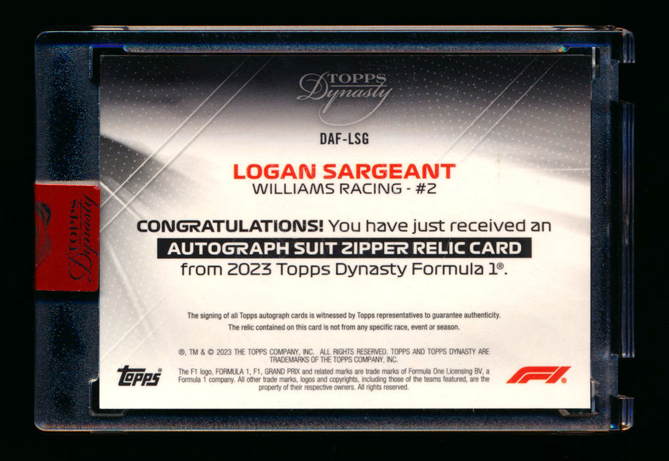 2023 Topps Dynasty F1 #DAF-LSG Logan Sargeant RC ROOKIE Zipper Patch Autograph #04/10