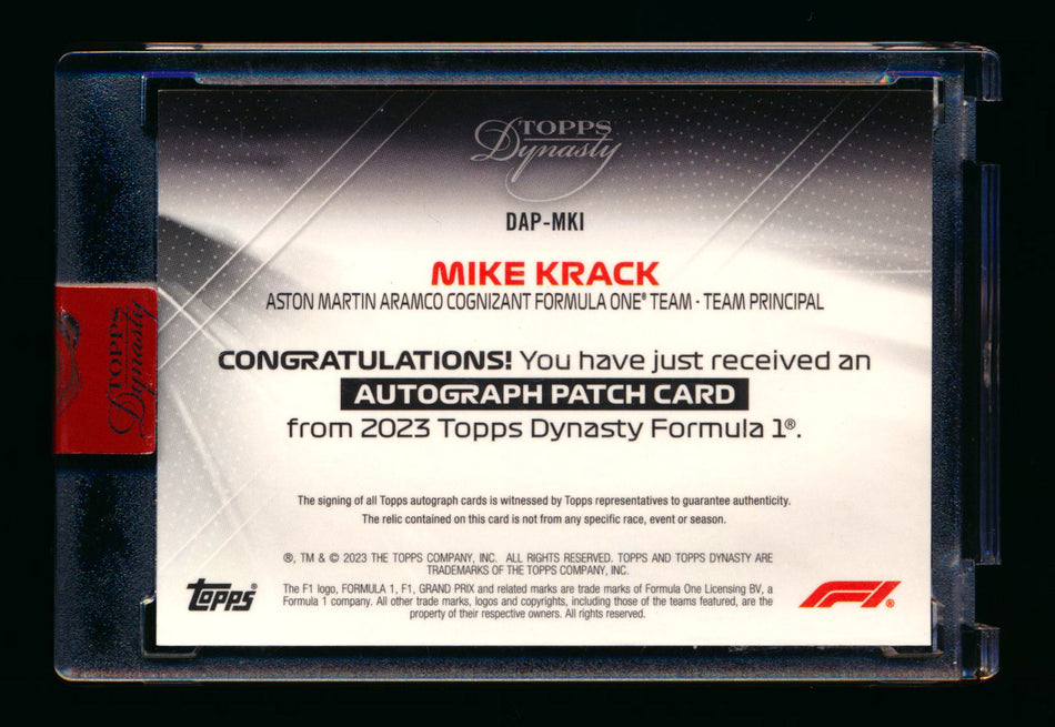2023 Topps Dynasty F1 #DAP-MKI Mike Krack Patch Autograph #10/10 (Last #!) ** (SOLD eBay - $149.00 - 3/7/2026) **