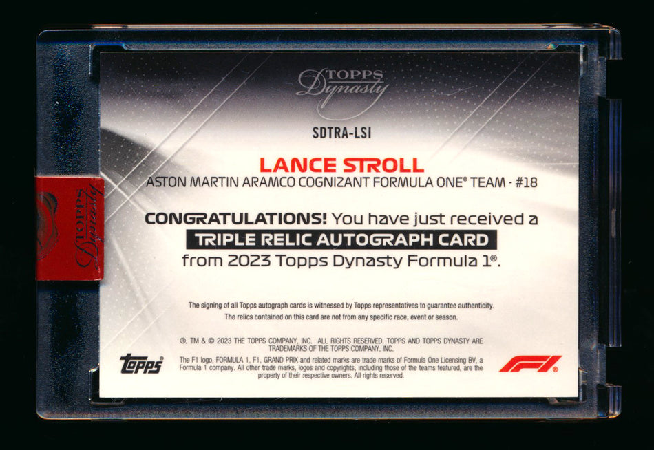 2023 Topps Dynasty F1 #SDTRA-LSI Lance Stroll Triple Patch Autograph #09/10