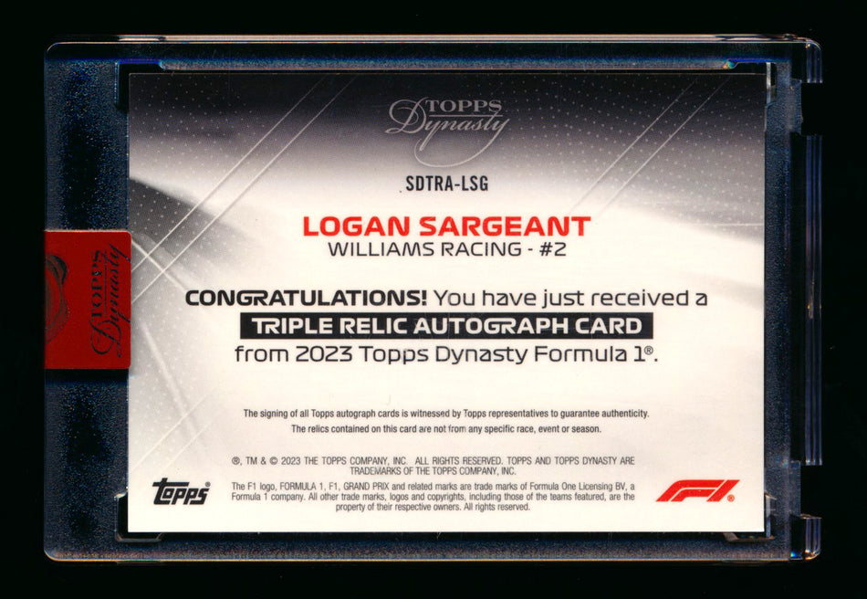 2023 Topps Dynasty F1 #SDTRA-LSG Logan Sargeant RC ROOKIE Red Triple Patch Autograph #1/5 (First #!)