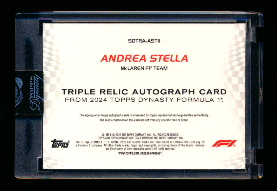 2024 Topps Dynasty F1 #SDTRA-ASTII Andrea Stella Black Triple Patch Autograph #1/2
