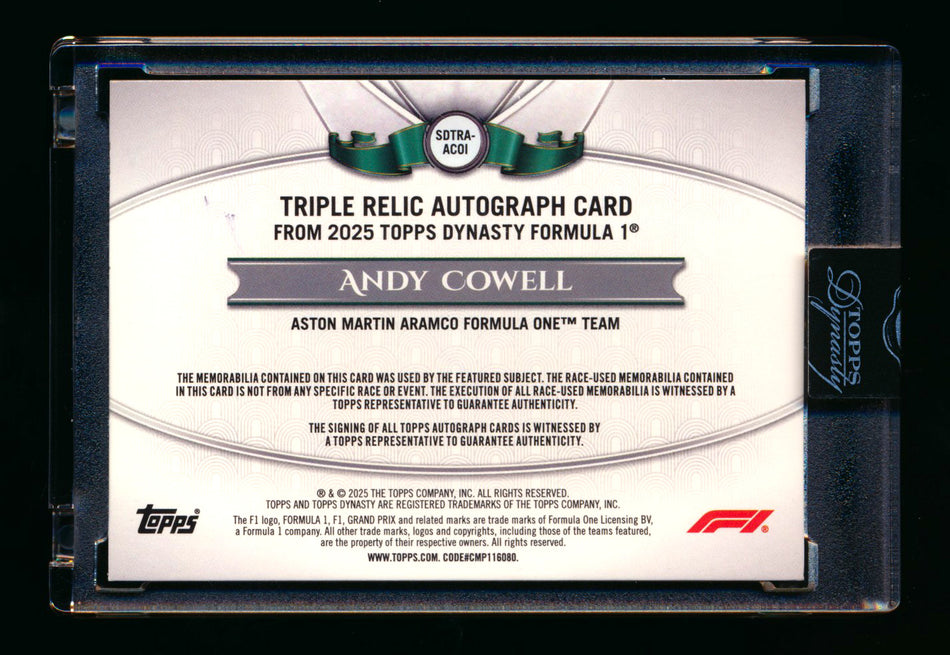 2025 Topps Dynasty F1 #SDTRA-ACOI Andy Cowell 1ST Year Triple Patch Autograph #03/10 ** (SOLD - $179.00 - 1/10/2026) **