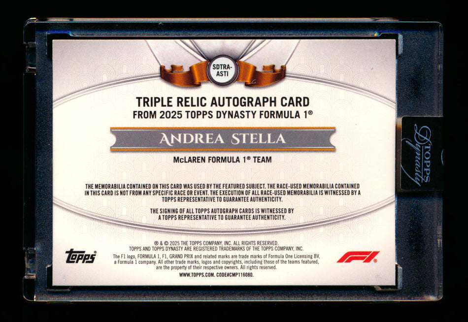 2025 Topps Dynasty F1 #SDTRA-ASTI Andrea Stella Triple Patch Autograph #04/10 ** (SOLD - $249.00 - 1/10/2026) **
