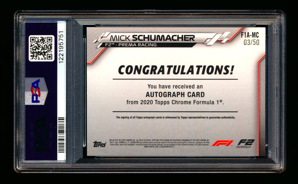 2020 Topps Chrome F1 #F1A-MC Mick Schumacher RC Gold Wave Refractor Autograph #03/50 PSA 7