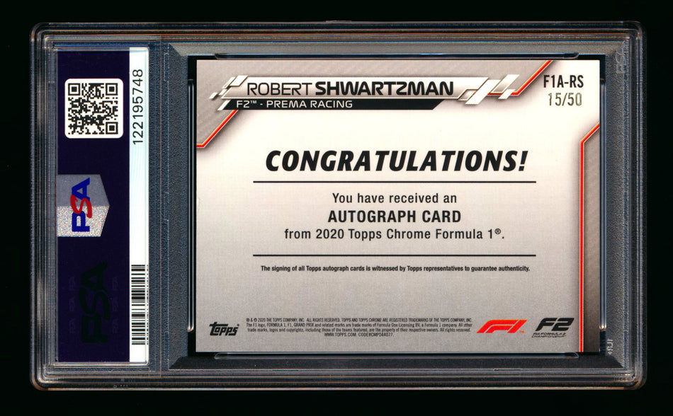 2020 Topps Chrome F1 #F1A-RS Robert Shwartzman RC Gold Wave Refractor Autograph #15/50 PSA 8