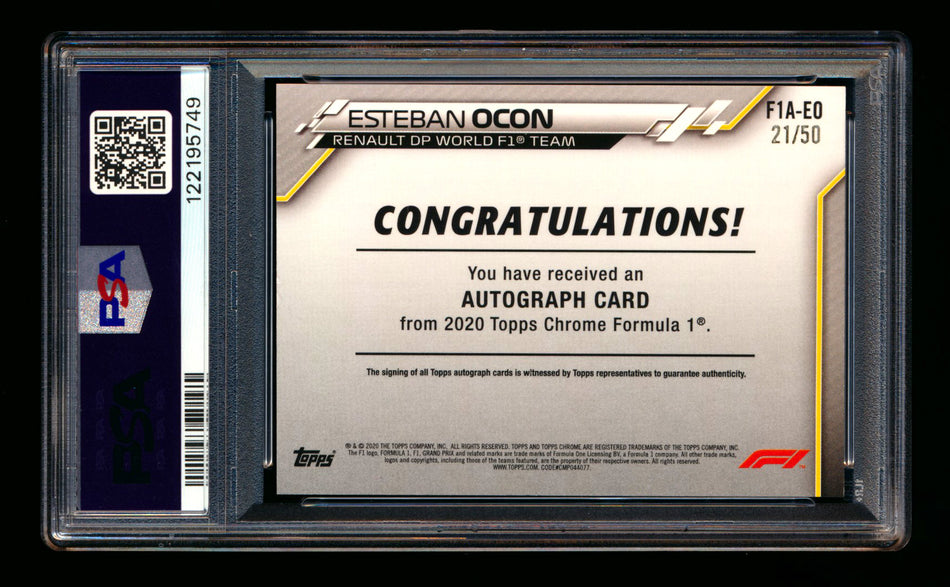 2020 Topps Chrome F1 #F1A-EO Esteban Ocon RC Gold Wave Refractor Autograph #21/50 PSA 7 ** (SOLD - $249.00 - 1/9/2026) **