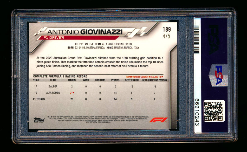 2020 Topps Chrome F1 #189 Antonio Giovinazzi RC Red Refractor #4/5 PSA 8