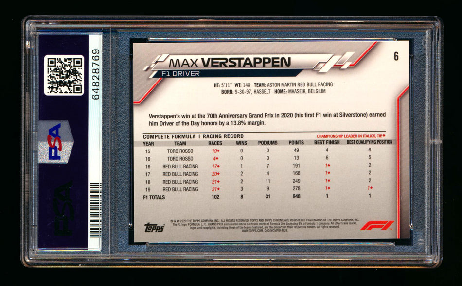 2020 Topps Chrome F1 #6 Max Verstappen RC Portrait PSA 10 ** (SOLD eBay - $379.00 - 2/6/2026) **