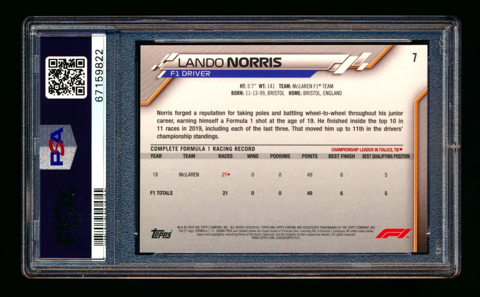 2020 Topps Chrome Sapphire F1 #7 Lando Norris RC Refractor Portrait PSA 10 ** (SOLD eBay - $295.00 - 2/15/2026) **