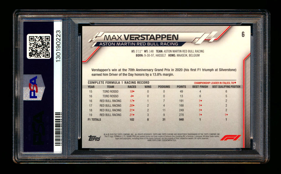 2020 Topps Chrome Sapphire F1 #6 Max Verstappen RC Refractor Image Variation SP PSA 10
