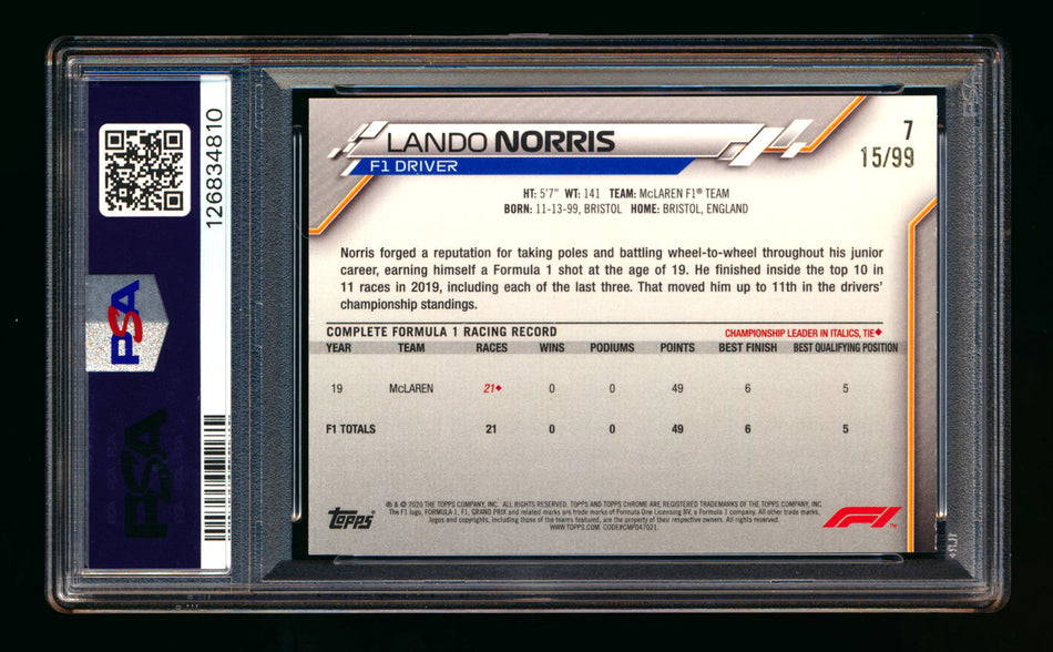 2020 Topps Chrome Sapphire F1 #7 Lando Norris RC Aqua Refractor Portrait #15/99 PSA 7 ** (SOLD - $291.72 - 1/24/2026) **
