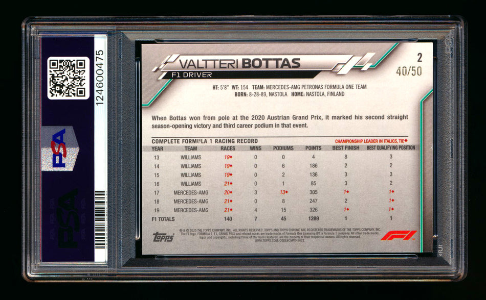 2020 Topps Chrome Sapphire F1 #2 Valtteri Bottas RC Gold Refractor Portrait #40/50 PSA 8 ** (SOLD eBay - $195.00 - 3/1/2026) **