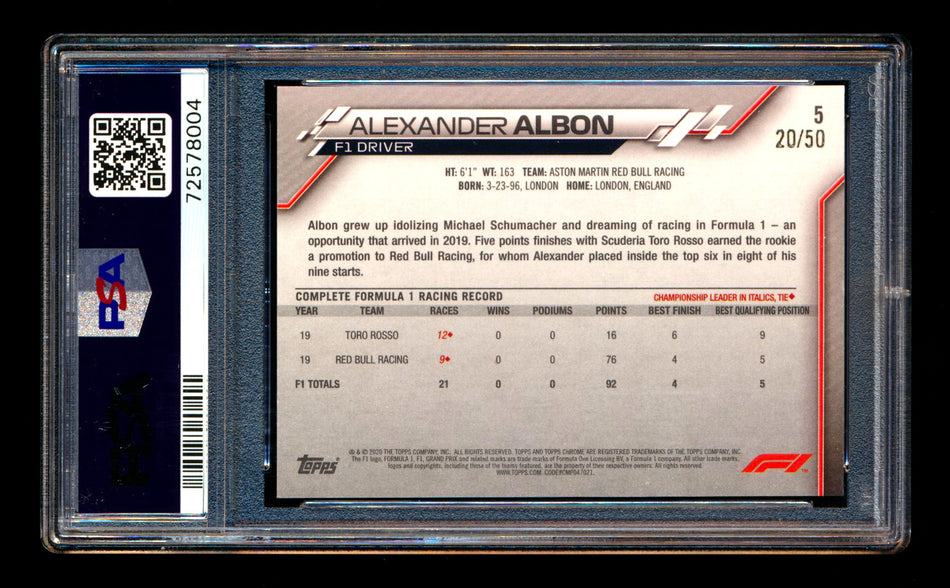 2020 Topps Chrome Sapphire F1 #5 Alexander Albon RC Gold Refractor Portrait #20/50 PSA 9 ** (SOLD - $325.00 - 2/17/2026) **