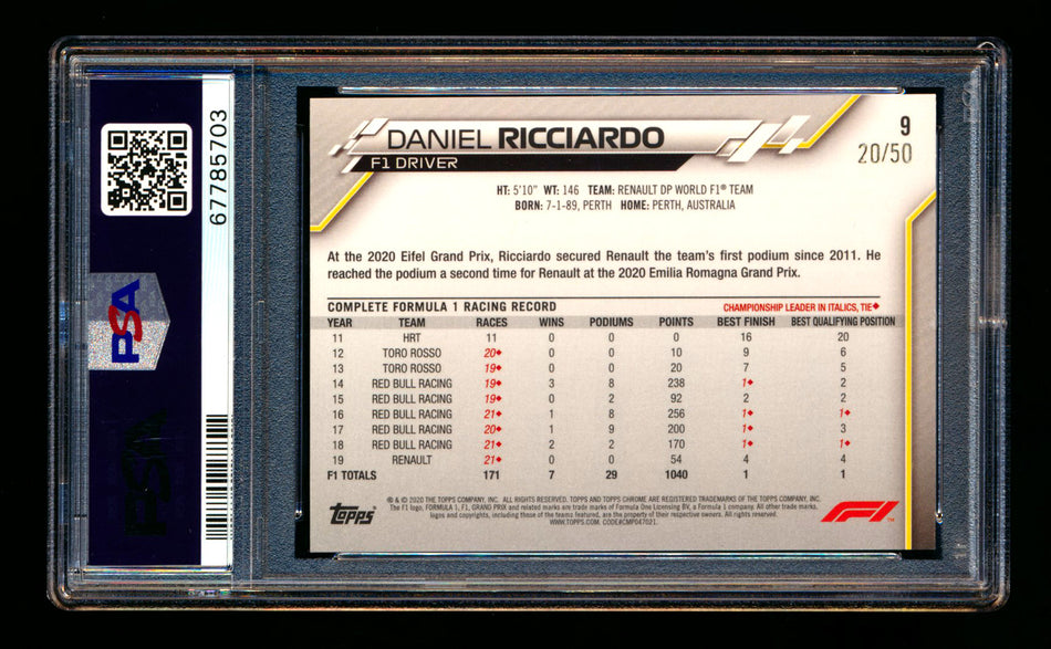 2020 Topps Chrome Sapphire F1 #9 Daniel Ricciardo RC Gold Refractor Portrait #20/50 PSA 8