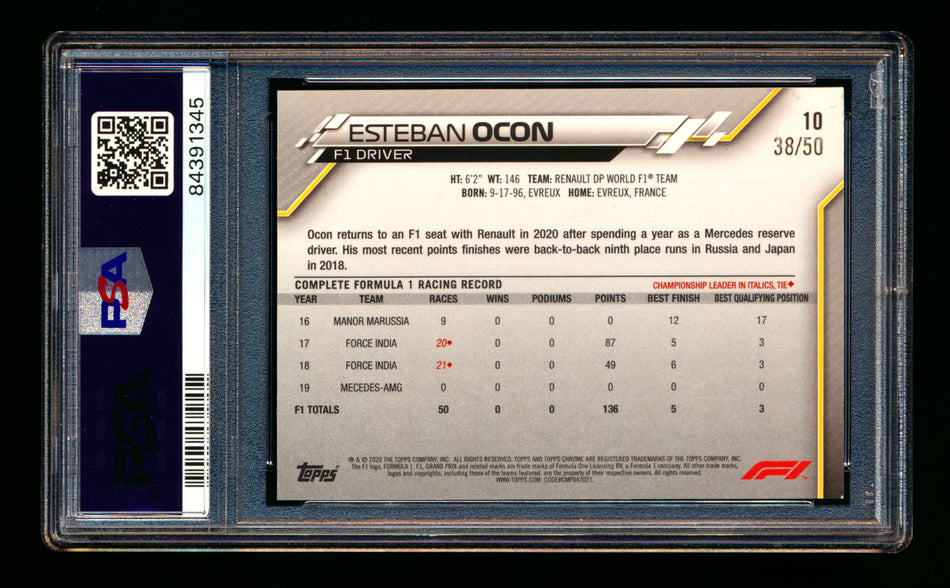 2020 Topps Chrome Sapphire F1 #10 Esteban Ocon RC Gold Refractor Portrait #38/50 PSA 9 ** (SOLD - $225.00 - 2/17/2026) **