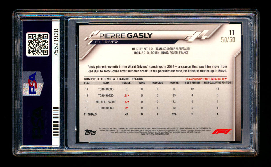 2020 Topps Chrome Sapphire F1 #11 Pierre Gasly RC Gold Refractor Portrait #50/50 PSA 8 (Last #!)