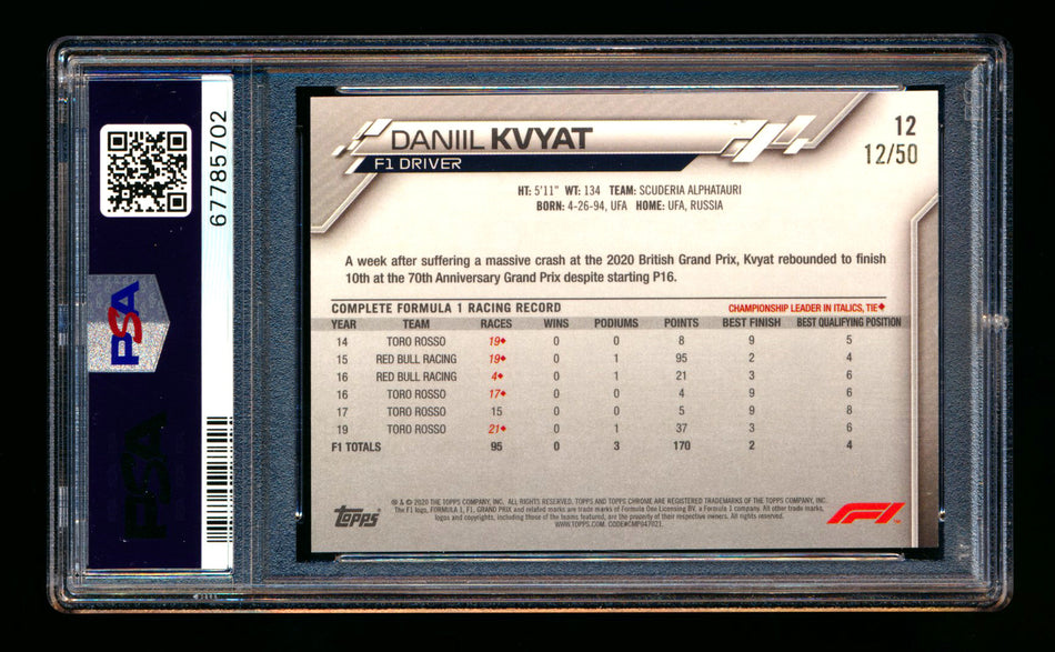 2020 Topps Chrome Sapphire F1 #12 Daniil Kvyat RC Gold Refractor Portrait #12/50 PSA 9 ** (SOLD - $150.00 - 2/17/2026) **