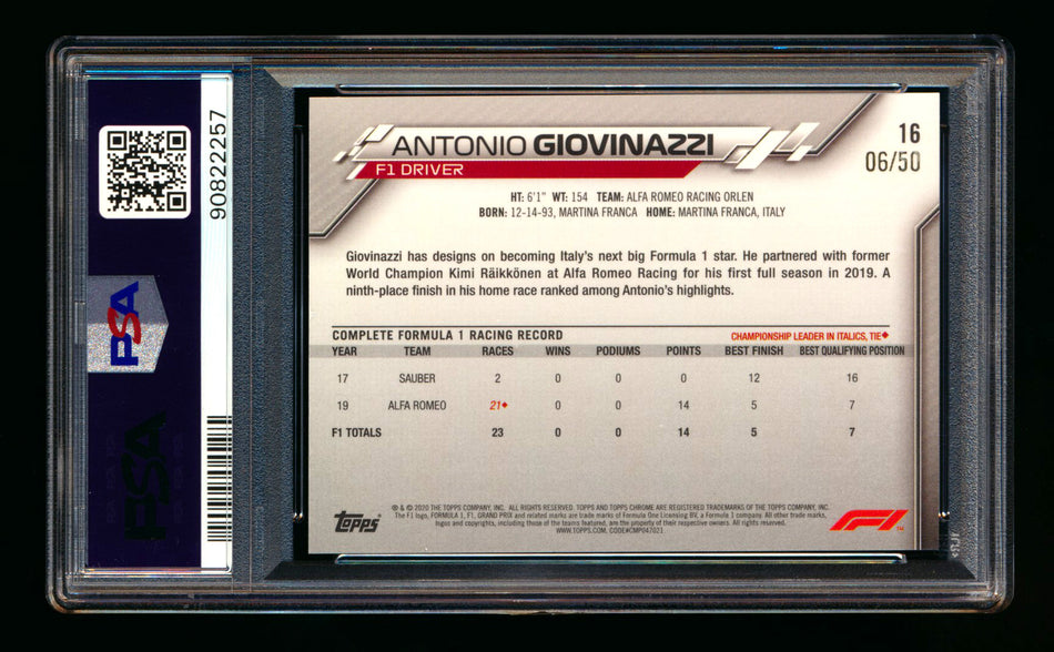 2020 Topps Chrome Sapphire F1 #16 Antonio Giovinazzi RC Gold Refractor Portrait #06/50 PSA 9 ** (SOLD - $135.00 - 2/17/2026) **