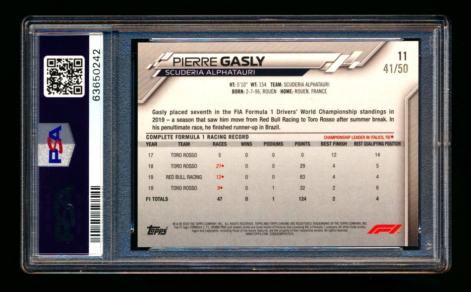 2020 Topps Chrome Sapphire F1 #11 Pierre Gasly RC Gold Refractor Image Variation SP #41/50 PSA 8 ** (SOLD - $314.10 - 3/2/2026) **