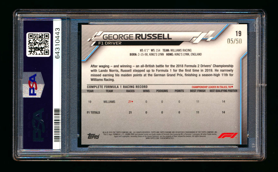 2020 Topps Chrome Sapphire F1 #19 George Russell RC Gold Refractor Portrait #05/50 PSA 9 ** (SOLD - $1,150.00 - 2/17/2026) **