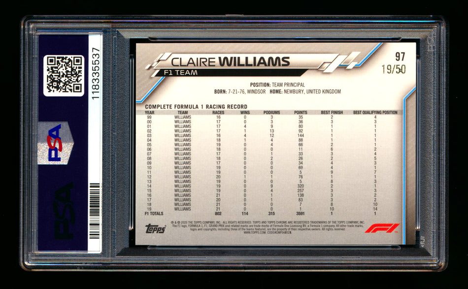 2020 Topps Chrome Sapphire F1 #97 Claire Williams RC Gold Refractor #19/50 PSA 9 ** (SOLD - $90.00 - 2/17/2026) **