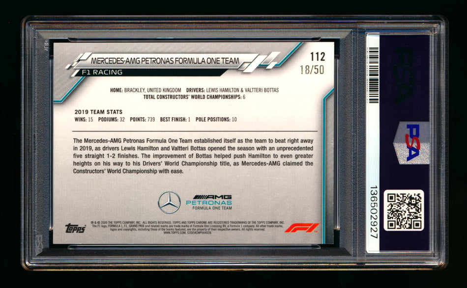 2020 Topps Chrome F1 #112 Mercedes-AMG Petronas Team Logo RC Gold Wave Refractor #18/50 PSA 8  ** (SOLD eBay - $479.00 - 2/16/2026) **