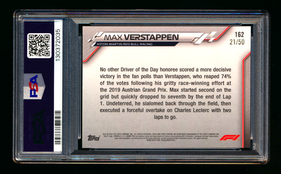 2020 Topps Chrome Sapphire F1 #162 Max Verstappen RC Gold Refractor #21/50 PSA 7  ** (SOLD - $150.00 - 1/24/2026) **