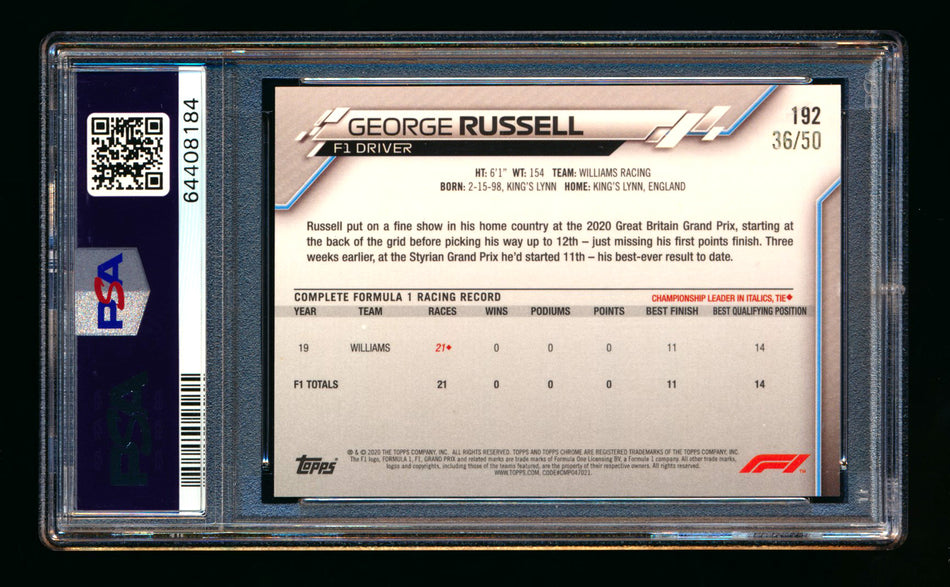 2020 Topps Chrome Sapphire F1 #192 George Russell RC Gold Refractor #36/50 PSA 8 ** (SOLD eBay - $350.00 - 2/14/2026) **