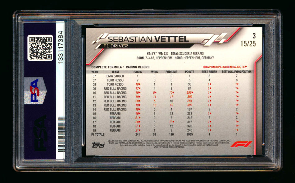 2020 Topps Chrome Sapphire F1 #3 Sebastian Vettel RC Orange Refractor Portrait #15/25 PSA 8 ** (SOLD - $875.60 - 3/1/2026) **