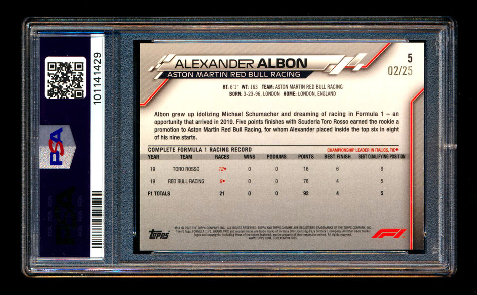 2020 Topps Chrome Sapphire F1 #5 Alexander Albon RC Orange Refractor Image Variation SP #02/25 PSA 8 ** (SOLD - $659.12 - 3/1/2026) **