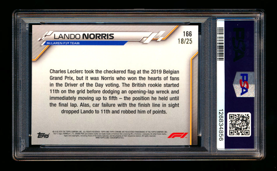 2020 Topps Chrome Sapphire F1 #166 Lando Norris RC Orange Refractor #18/25 PSA 8