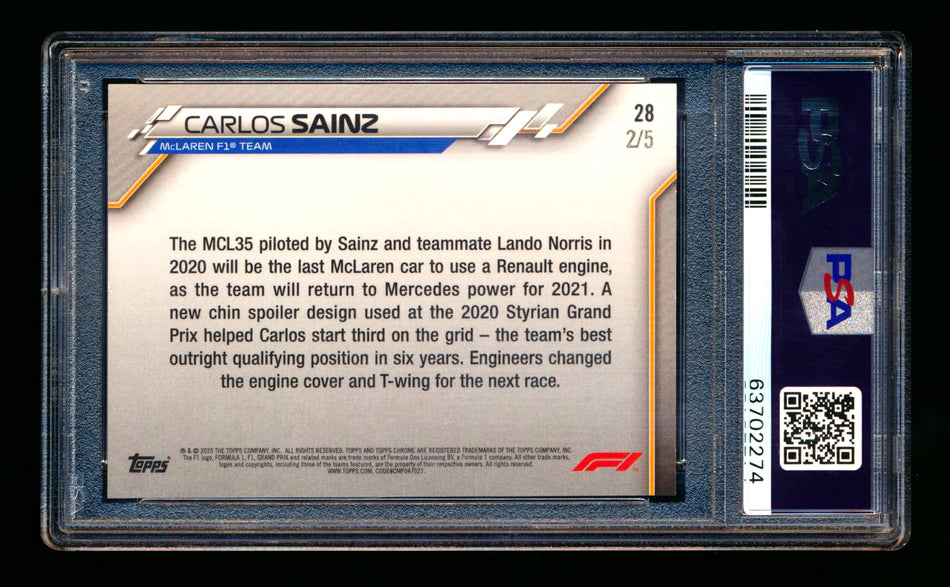 2020 Topps Chrome Sapphire F1 #28 Carlos Sainz RC Red Refractor #2/5 PSA 8
