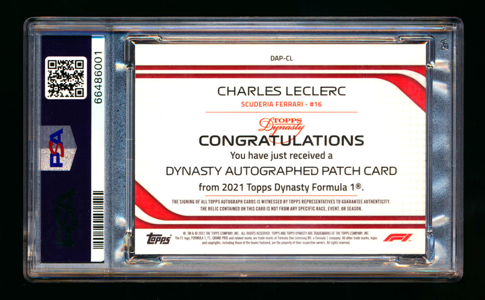 2021 Topps Dynasty F1 #DAP-CL Charles Leclerc Red Patch Autograph #4/5 PSA 10 Gem Mint - POP 1! ** (SOLD eBay - $5,995.00 - 3/16/2026) **