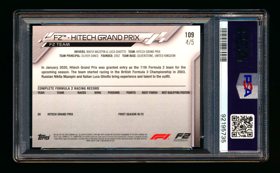 2020 Topps Chrome Sapphire F1 #109 Hitech Grand Prix RC Red Refractor #4/5 PSA 8