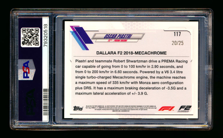 2021 Topps Chrome F1 #117 Oscar Piastri RC Orange Refractor #20/25 PSA 8