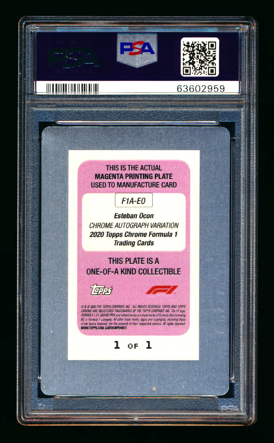 2020 Topps Chrome F1 #F1A-EO Esteban Ocon RC Magenta Printing Plate Autograph #1/1 PSA Authentic DNA 10