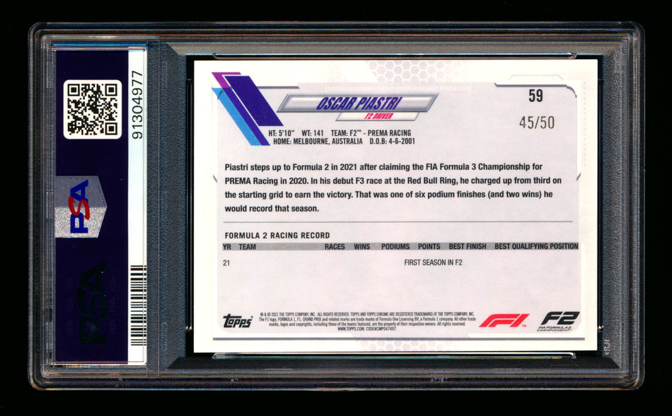 2021 Topps Chrome F1 #59 Oscar Piastri RC Gold Refractor Portrait #45/50 PSA 10