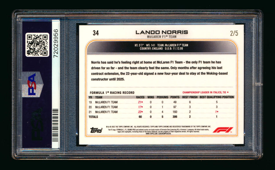2022 Topps Chrome F1 #34 Lando Norris Red Refractor #2/5 PSA 10 - POP 1!