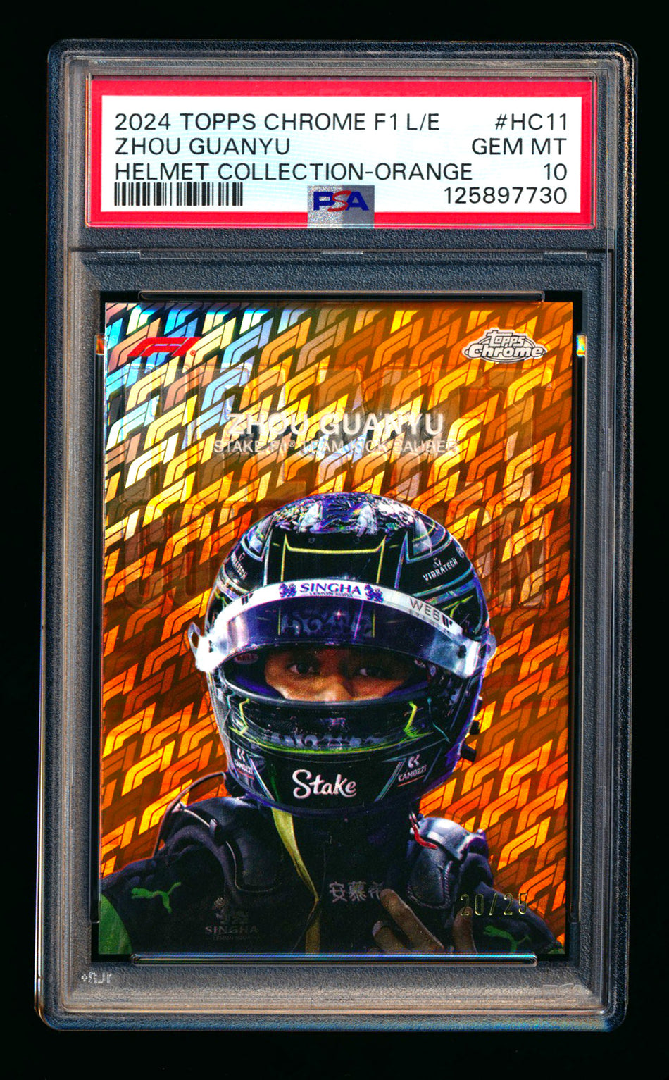 2024 Topps Chrome Logofractor F1 Helmet Collection #HC-11 Guanyu Zhou Orange Refractor #20/25 PSA 10 ** (SOLD eBay - $700.00 - 2/24/2026) **