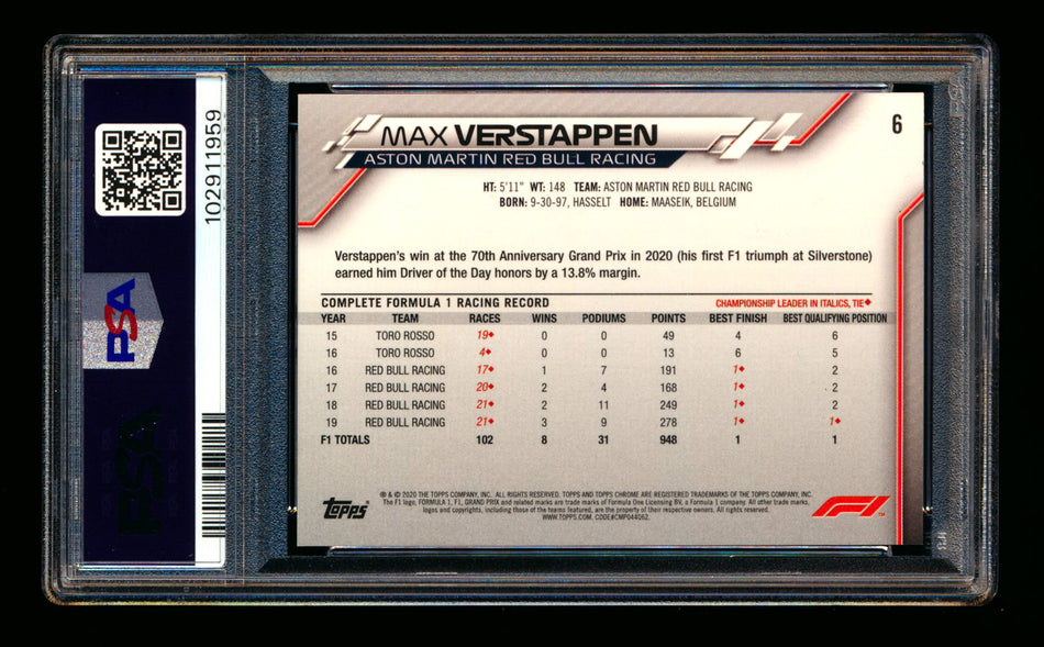 2020 Topps Chrome F1 #6 Max Verstappen RC Refractor Image Variation SP PSA 9