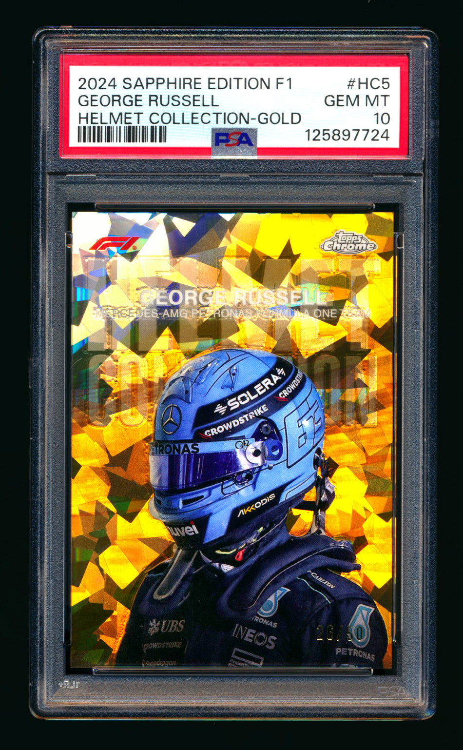 2024 Topps Chrome Sapphire F1 Helmet Collection #HC-5 George Russell Gold Refractor #26/50 PSA 10 ** (SOLD eBay - $750.00 - 2/24/2026) **
