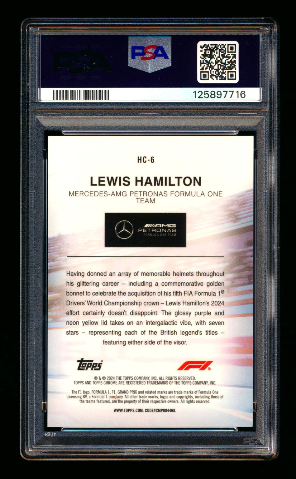 2024 Topps Chrome Sapphire F1 Helmet Collection #HC-6 Lewis Hamilton Gold Refractor #30/50 PSA 10 ** (SOLD eBay - $1,795.00 - 3/19/2026) **