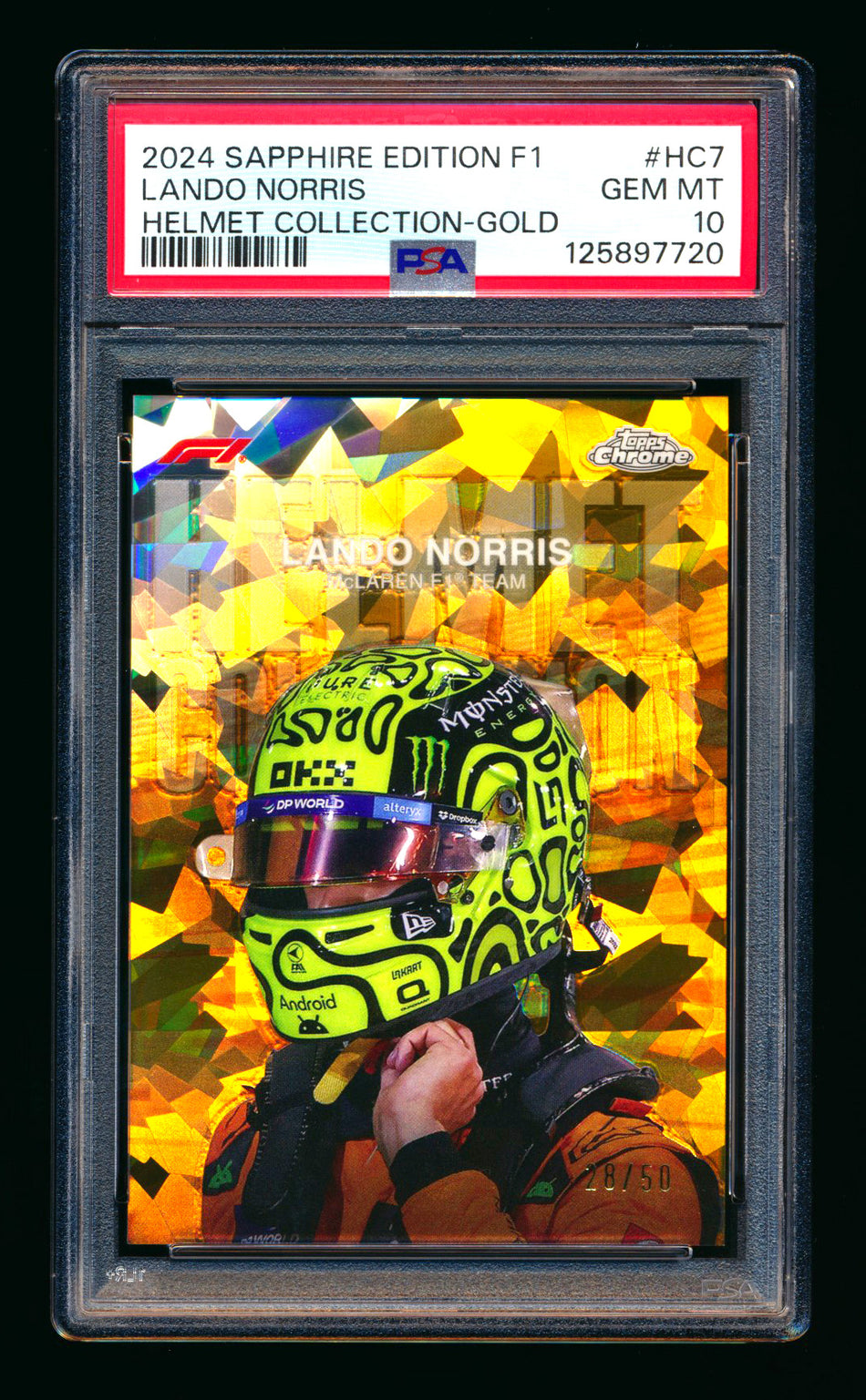 2024 Topps Chrome Sapphire F1 Helmet Collection #HC-7 Lando Norris Gold Refractor #28/50 PSA 10 ** (SOLD eBay - $1,095.00 - 3/22/2026) **