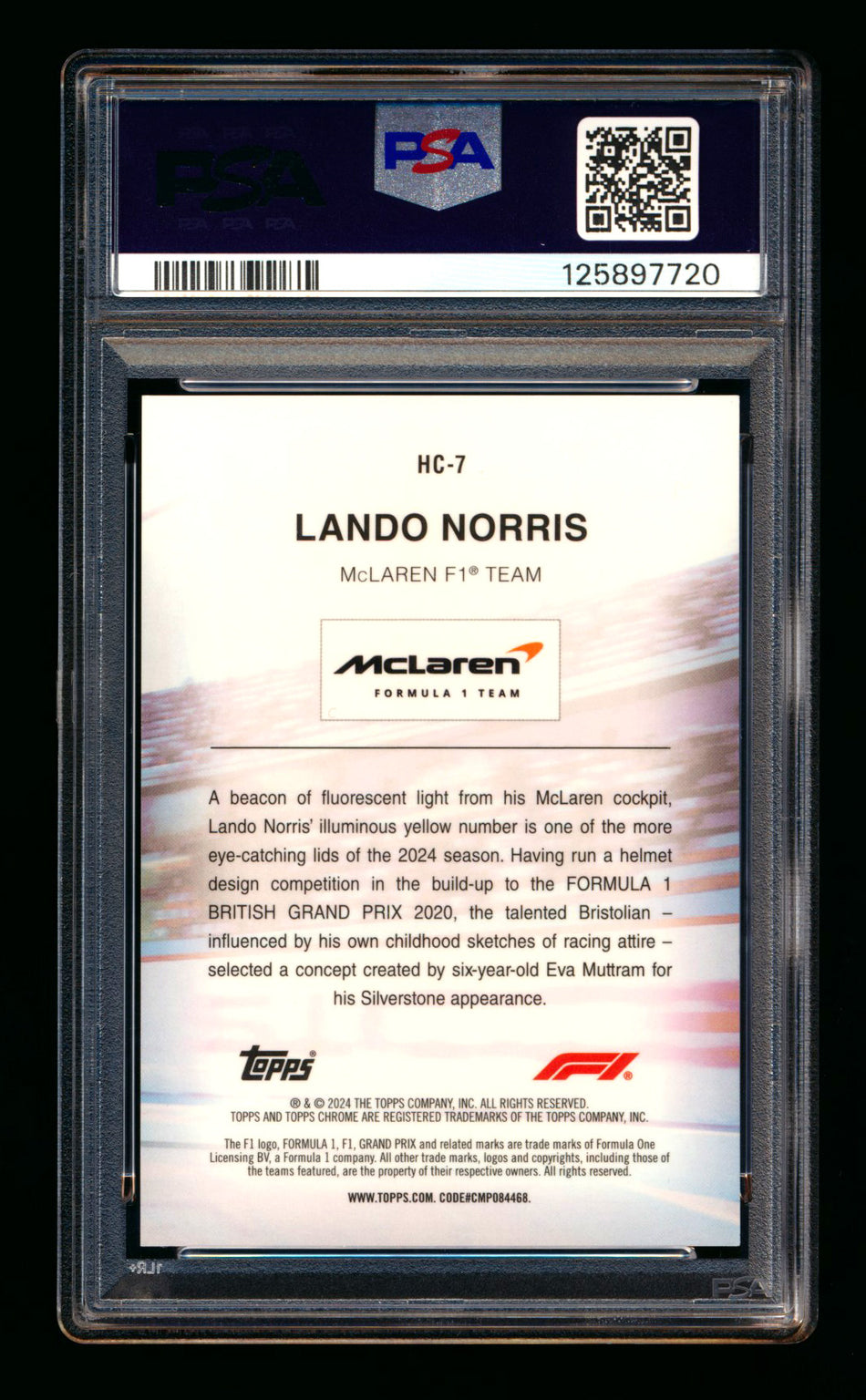 2024 Topps Chrome Sapphire F1 Helmet Collection #HC-7 Lando Norris Gold Refractor #28/50 PSA 10 ** (SOLD eBay - $1,095.00 - 3/22/2026) **