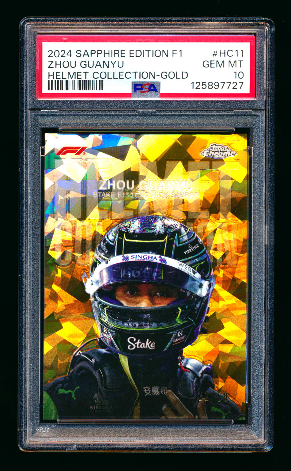 2024 Topps Chrome Sapphire F1 Helmet Collection #HC-11 Guanyu Zhou Gold Refractor #32/50 PSA 10 ** (SOLD eBay - $425.00 - 2/24/2026) **